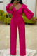 Rose Red Elegant Solid Patchwork Flounce V Neck Straight Jumpsuits