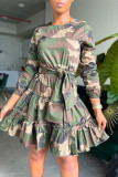 Blue Casual Print Camouflage Print Patchwork Flounce Fold O Neck A Line Dresses