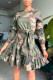 Green Casual Print Camouflage Print Patchwork Flounce Fold O Neck A Line Dresses