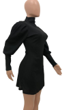 Red Casual Solid Patchwork Half A Turtleneck Cake Skirt Dresses