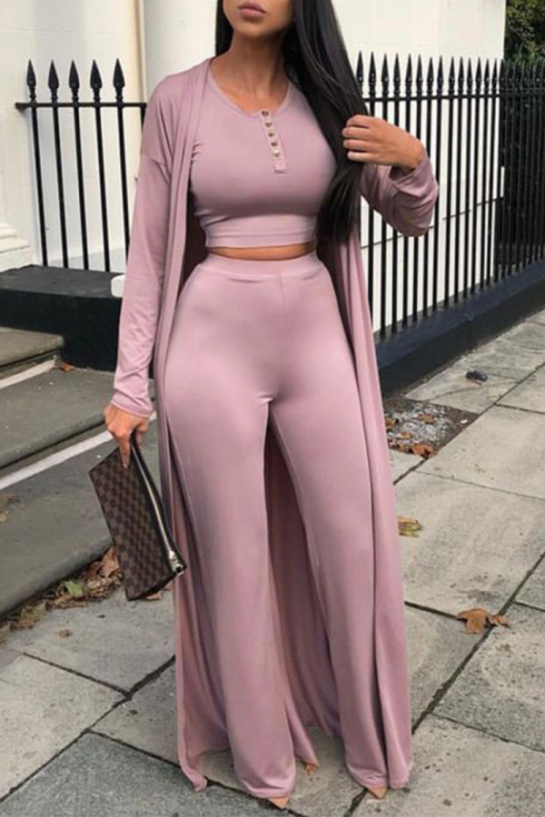 Pink Casual Solid Patchwork O Neck Long Sleeve Three Pieces