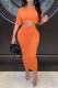 Tangerine Casual Solid Hollowed Out Patchwork Fold O Neck One Step Skirt Dresses