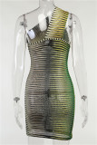 Green Fashion Sexy Print Hollowed Out Backless One Shoulder Sleeveless Dress