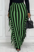 Black Green Fashion Casual Striped Print Tassel Patchwork Regular High Waist Skirt