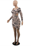 Multicolor Fashion Sexy Letter Print Hollowed Out V Neck Long Sleeve Dresses