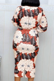 Multicolor Fashion Sexy Print Patchwork O Neck Pencil Skirt Dresses