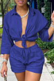 Blue Fashion Casual Solid Split Joint Turndown Collar Three Quarter Two Pieces