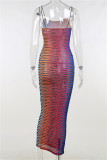 Multicolor Fashion Sexy Print See-through Backless Spaghetti Strap Long Dress Dresses