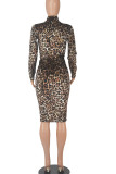 Green Sexy Print Leopard Patchwork With Belt O Neck One Step Skirt Dresses