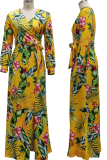 Yellow Sexy Print Split Joint V Neck Irregular Dress Dresses