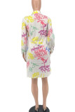 White Casual Print Patchwork Buckle Turndown Collar Shirt Dress Dresses