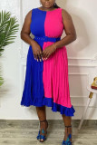 Blue Elegant Solid Patchwork Flounce Fold O Neck Straight Dresses(Without Belt)