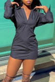 Black Casual Solid Patchwork Turndown Collar Straight Dresses