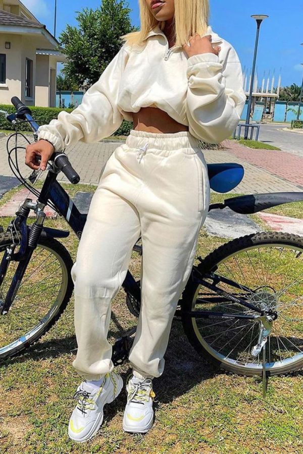 White Casual Solid Patchwork Turndown Collar Long Sleeve Two Pieces