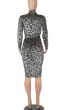 Black Sexy Print Leopard Patchwork With Belt O Neck One Step Skirt Dresses
