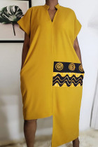Yellow Casual Print Split Joint Asymmetrical V Neck Straight Dresses