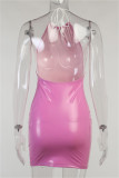 Pink Fashion Sexy Solid Bandage Backless Halter Sleeveless Dress