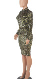Green Sexy Print Leopard Patchwork With Belt O Neck One Step Skirt Dresses
