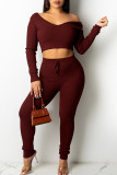 Red Casual Solid Patchwork V Neck Long Sleeve Two Pieces