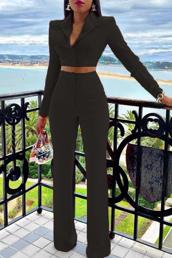 Black Fashion Street Solid Patchwork Turn-back Collar Long Sleeve Two Pieces