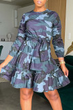 Blue Casual Print Camouflage Print Patchwork Flounce Fold O Neck A Line Dresses