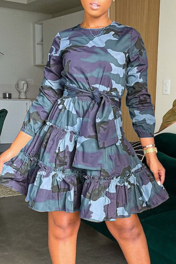 Blue Casual Print Camouflage Print Patchwork Flounce Fold O Neck A Line Dresses