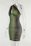 Green Fashion Sexy Print Hollowed Out Backless One Shoulder Sleeveless Dress