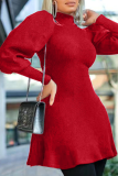 Red Casual Solid Patchwork Half A Turtleneck Cake Skirt Dresses