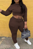 Coffee Fashion Sportswear Solid Patchwork O Neck Long Sleeve Two Pieces