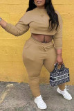 Coffee Fashion Sportswear Solid Patchwork O Neck Long Sleeve Two Pieces