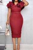 Rose Red Fashion Elegant Solid Patchwork V Neck Pencil Skirt Dresses