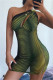 Green Fashion Sexy Print Hollowed Out Backless One Shoulder Sleeveless Dress
