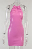 Pink Fashion Sexy Solid Bandage Backless Halter Sleeveless Dress