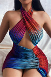 Colour Fashion Sexy Print Hollowed Out Backless Halter Sleeveless Dress