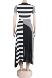Black Casual Striped Tassel O Neck A Line Dresses