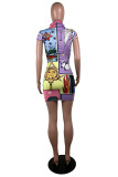 Colour Fashion Casual Print Basic Turtleneck Short Sleeve Dress