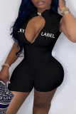 White Fashion Casual Letter Embroidered Zipper Collar Skinny Romper