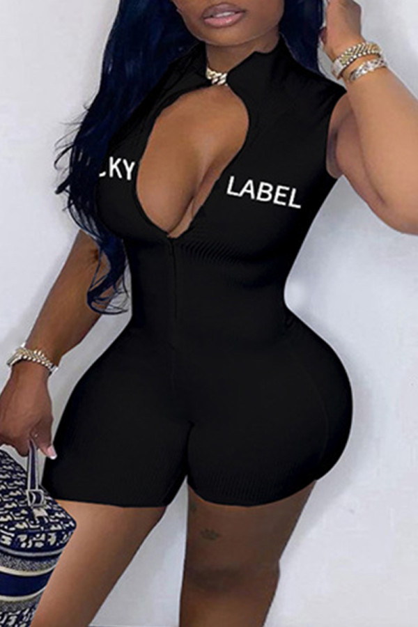 Black Fashion Casual Letter Embroidered Zipper Collar Skinny Romper