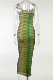 Green Fashion Sexy Print See-through Backless Spaghetti Strap Long Dress Dresses
