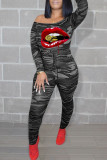 Grey Casual Print Camouflage Print Patchwork Off the Shoulder Skinny Jumpsuits