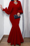 Red Fashion Elegant Solid Patchwork V Neck Trumpet Mermaid Dresses