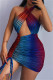 Colour Fashion Sexy Print Hollowed Out Backless Halter Sleeveless Dress