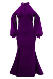 Purple Fashion Elegant Solid Patchwork Halter One Step Skirt Dresses