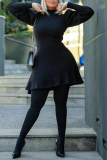 Red Casual Solid Patchwork Half A Turtleneck Cake Skirt Dresses