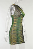 Green Fashion Sexy Print Hollowed Out Backless One Shoulder Sleeveless Dress