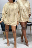 Apricot Fashion Casual Print Basic Hooded Collar Long Sleeve Dresses