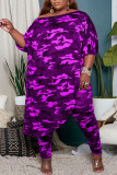 Purple Casual Print Camouflage Print Patchwork Asymmetrical Off the Shoulder Three Quarter Two Pieces