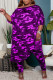 Purple Casual Print Camouflage Print Patchwork Asymmetrical Off the Shoulder Three Quarter Two Pieces