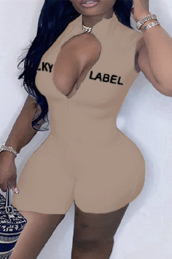 Khaki Fashion Casual Letter Embroidered Zipper Collar Skinny Romper