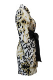 Black Fashion Street Print Patchwork V Neck A Line Dresses